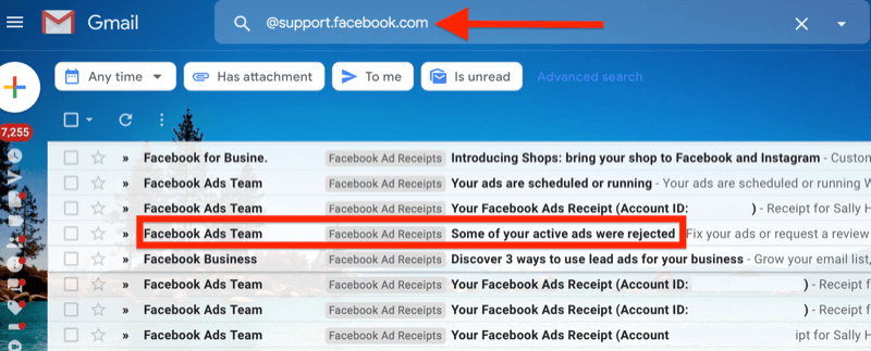 näide @ support.facebook.com gmaili filtrist, et isoleerida kõik facebooki reklaami e-posti teated