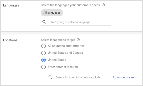 Google AdWordsi kampaania keelte ja asukohtade seaded.