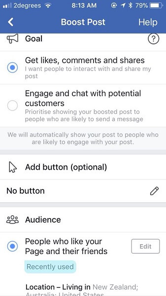 Facebook küsib nüüd, millised on turundajate eesmärgid, kui nad postitust suurendavad.