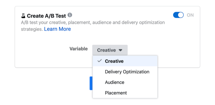 facebooki reklaami a / b testimise seade, mis näitab reklaami, edastuse optimeerimise, vaatajaskonna ja paigutuse muutuvaid valikuid