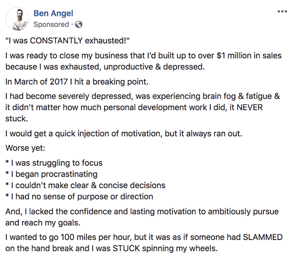 Kuidas kirjutada ja struktureerida pikema vormi tekstipõhiseid Facebooki sponsoreeritud postitusi, 1. samm, Ben Angel'i näide tagantjärele