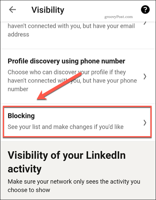 Menüü LinkedIn Blokeeritud kasutaja seaded