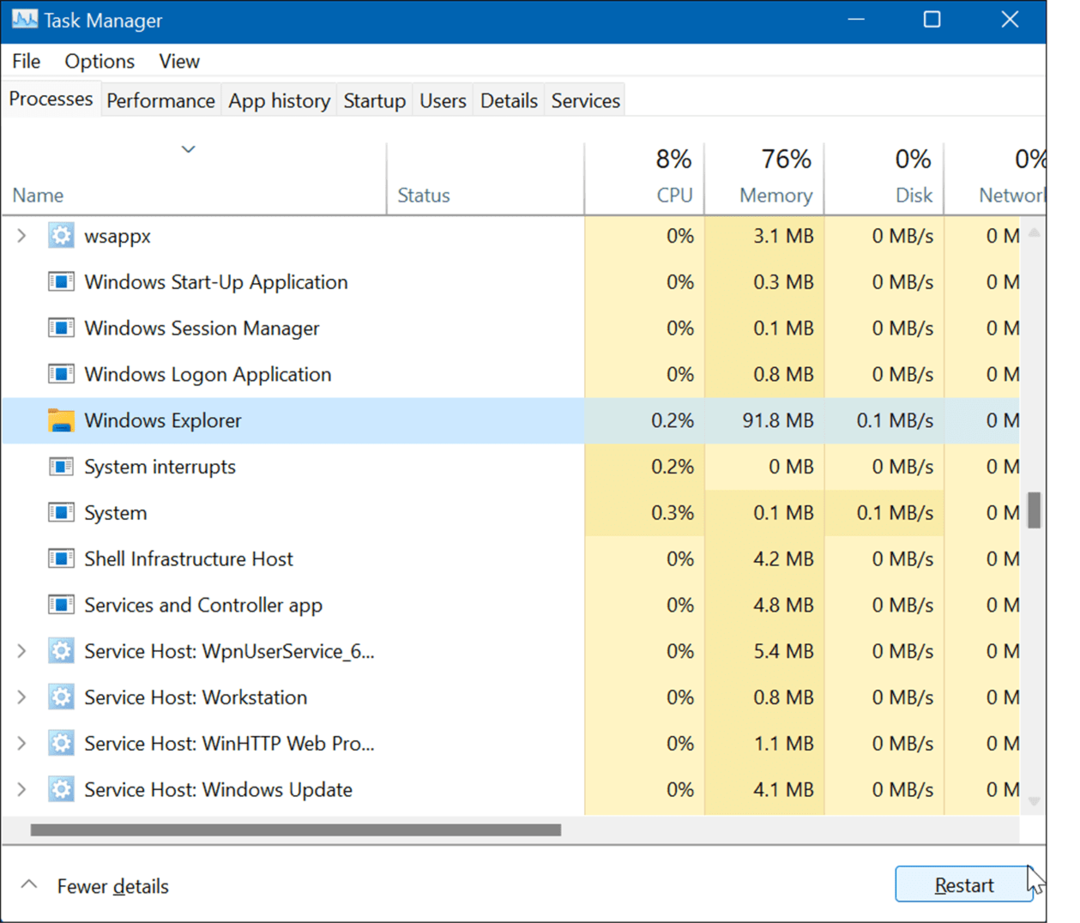 Taaskäivitage Windows Explorer lähtestage tegumiriba sätted Windows 11-s