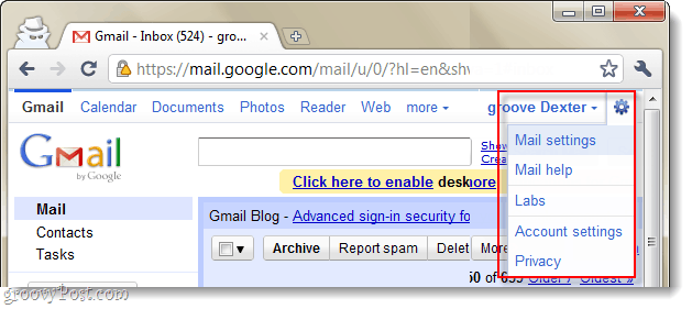 gmaili e-posti sätete rippmenüü