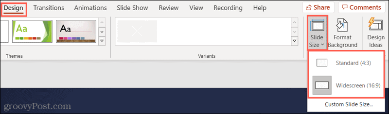 Klõpsake oma PowerPointi slaidi suuruse valimiseks Standard või Widescreen