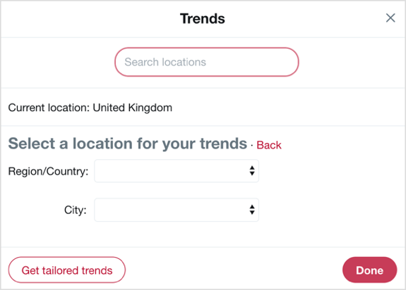 Valige Twitteri trendidega riik ja linn, millele soovite keskenduda.