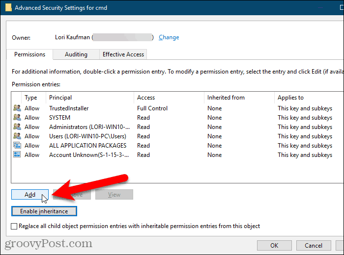 Klõpsake Windowsi registri dialoogiboksis Täpsemad turbeseaded
