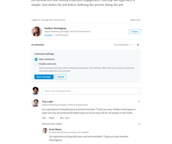 LinkedIn tutvustas kirjastajate võimalust oma pika vormiga artiklite kommentaare otse hallata.