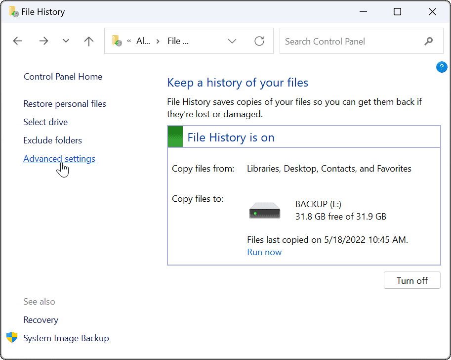 täiustatud kasutusega failiajalugu Windows 11-s