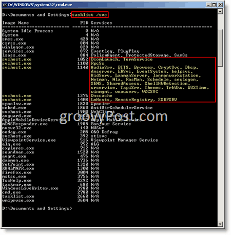 Windowsi käsk Windows Prompt svchost.exe tasklist / svc