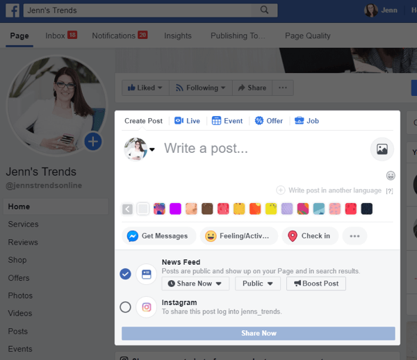 Kuidas töölaualt Facebookist Instagrami postitada, 2. samm, võimalus oma Facebooki postitusest Instagrami postitada