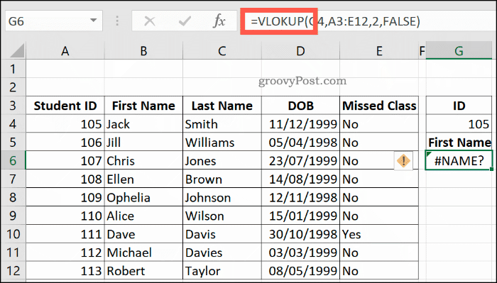 Valesti kirjutatud VLOOKUPi valem Excelis, tagastades vea NAME