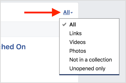 Facebooki salvestatud üksuste loendi filtrid