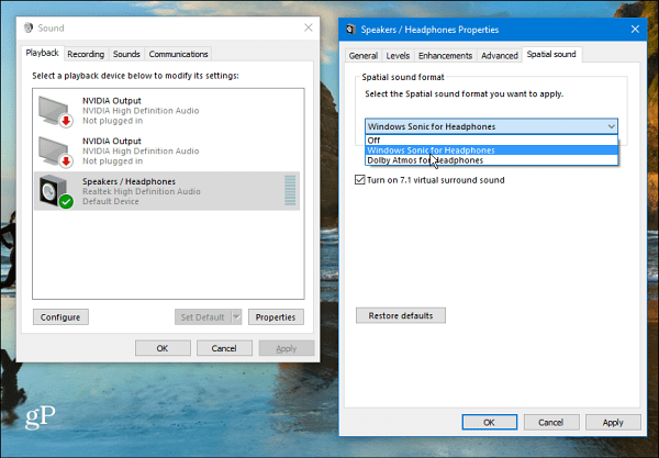 Windows 10 ruumilise heli seade
