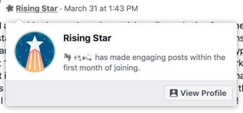 Kuidas kasutada Facebooki gruppide funktsioone, näiteks Rising Star grupi märgi näide