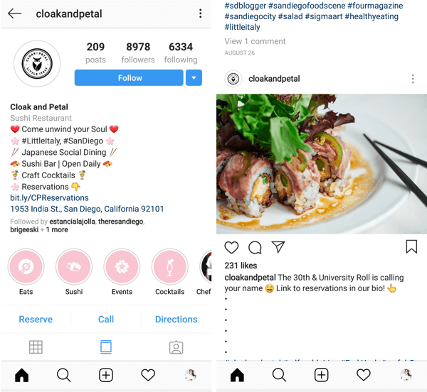 Instagrami postitus koos tegevusele kutsuva nupu klõpsuga @cloakandpetal.