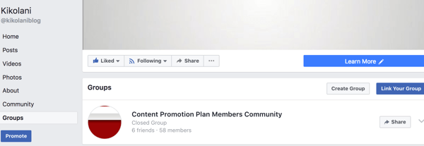 Teie lingitud rühm ilmub teie Facebooki lehe vahekaardil Grupid.