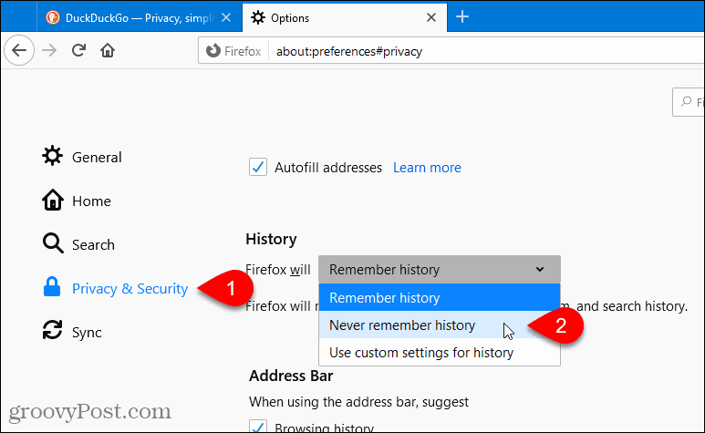 Valige Firefoxis Ära kunagi mäleta ajalugu