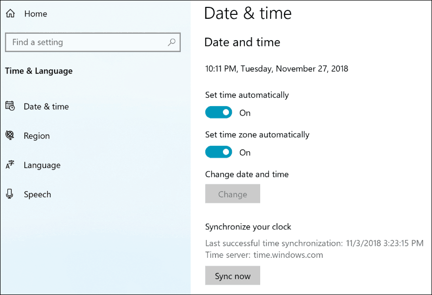 Windows 10 19H1 sünkroonimiskella sätted