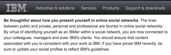 IBMi sotsiaalse arvutamise juhised tuletavad töötajatele meelde, et nad esindavad ettevõtet isegi oma isiklikel kontodel.