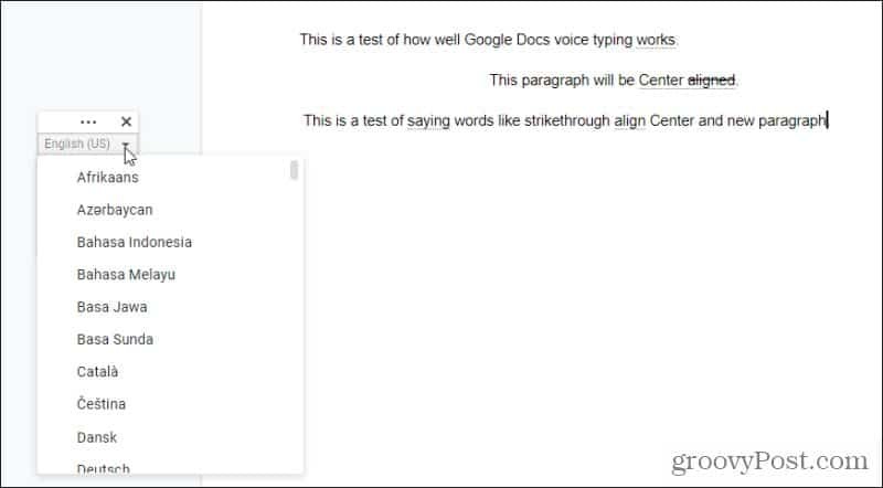 google docs häälega kirjutamise keeled