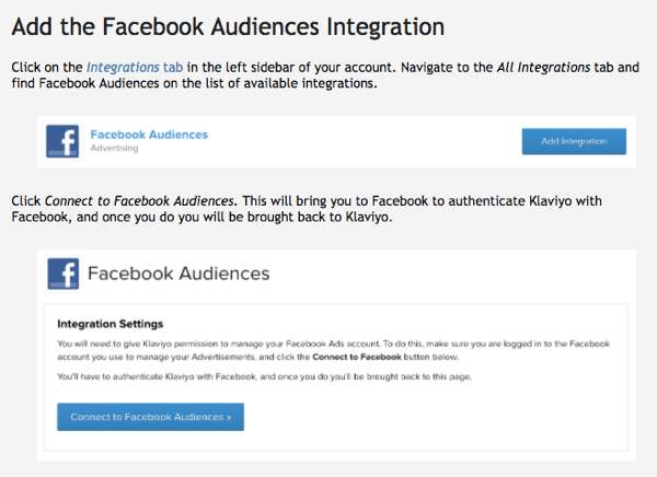 Klaviyo Facebooki vaatajaskonna integreerimist on lihtne kasutada.