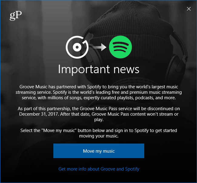 Microsoft Groove Music kolib sõnumi Spotify juurde