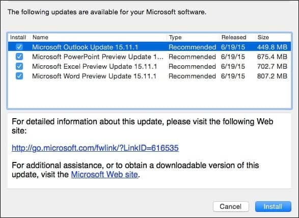 Microsoft Office 2016 for Mac eelvaate värskendus KB3074179