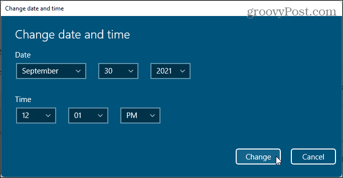 Muutke Windows 11 kuupäeva ja kellaaja dialoogi