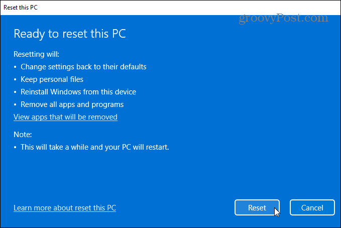 Windows 11 arvuti lähtestamiseks valmis