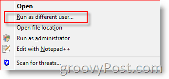 Lisage operatsioonisüsteemi Windows Explorer Explorer Vista ja Server 2008 kontekstimenüüsse Käivita erineva kasutajana: groovyPost.com