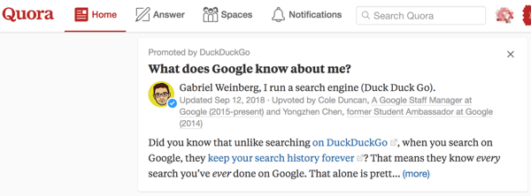 Quora nähtavamaks muutmiseks kasutage reklaamitud vastuseid.
