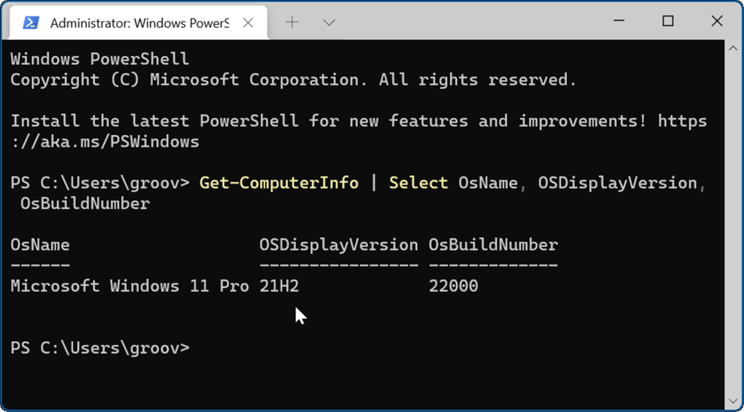 PowerShelli käsu Windows 11 versioon