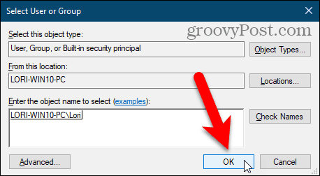 Sulgege Windowsi registris dialoogiboks Vali kasutaja või rühm