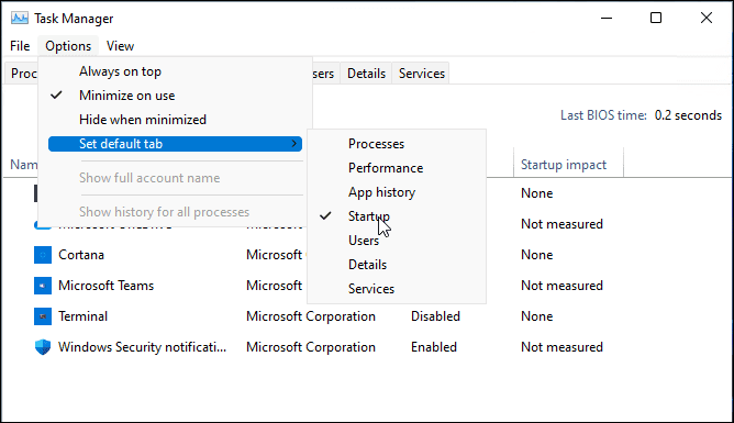 Muutke Windows 11 tegumihalduri käivituslehte