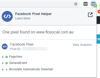 Näidisveebi jaoks kasutage Facebooki sündmuse seadistustööriista, samm 12, Facebook Pixel Helperi laienduse üksikasju