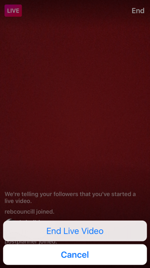 Instagrami otseülekande lõpetamiseks puudutage nuppu Lõpeta.