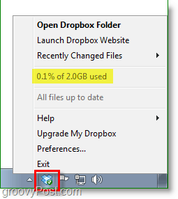 Dropboxi ekraanipilt - tilkkasti süsteemisalve ikoon rokib