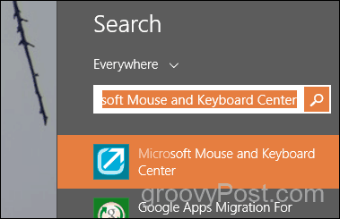 otsige ja käivitage Microsofti hiire ja klaviatuuri keskus