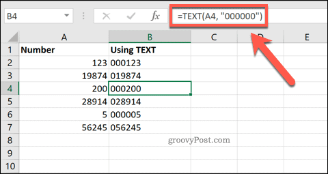 Nullide lisamiseks Excelis teksti TEXT kasutamine