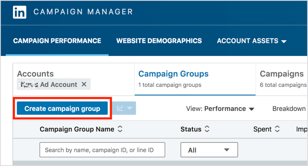 Klõpsake LinkedIn Campaign Manageri vahekaardil Kampaaniarühmad nuppu Loo kampaaniarühm.