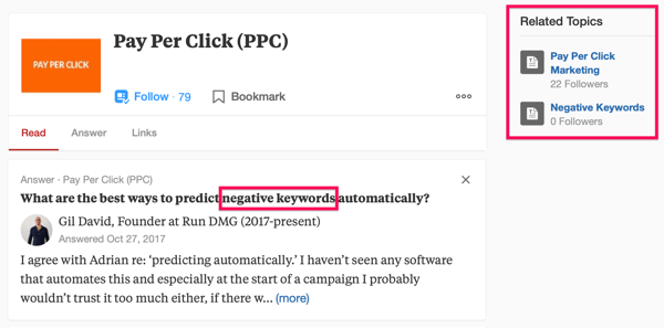 Quora otsingutulemite näide, mis sisaldab otsingutermini „PPC” ja fraasi „negatiivsed märksõnad”.