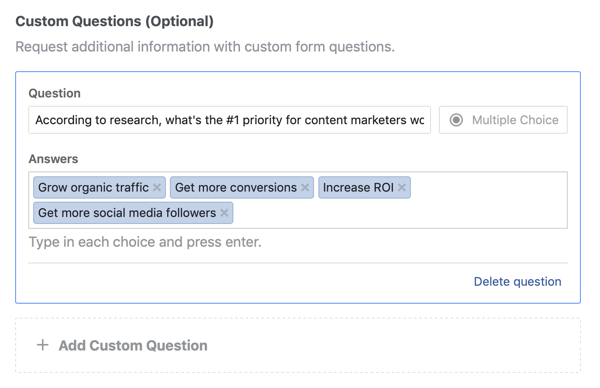Näidisküsimuse ja vastuse valikud küsimusele Facebooki juhtivate reklaamikampaaniate jaoks.