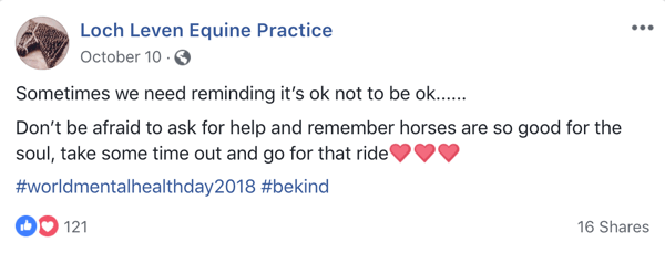 Näide emotikonidega Facebooki postitusest Lock Leven Equine Practice'ist.