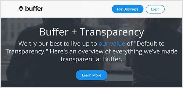 Ettevõtte radikaalse läbipaistvuse puhvri veebileht on tumeda taustaga koos tekstiga, mida proovime oma parima, et täita läbipaistvuse vaikeväärtust. Siin on ülevaade kõigest, mille oleme puhvris läbipaistvaks teinud. Teksti alla ilmub sinine nupp Lisateave.
