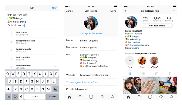 Instagram võimaldab kasutajatel nüüd oma profiilibiosid linkida mitmete räsimärkide ja muude kontodega.