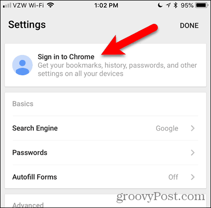 Puudutage iOS-is Logi sisse Chrome'i