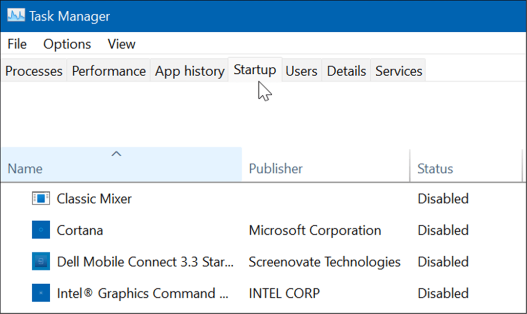 Tegumihalduri vahekaart Käivitamine Windows 11