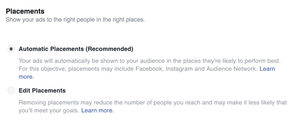 Valige oma Facebooki reklaami jaoks paigutused.