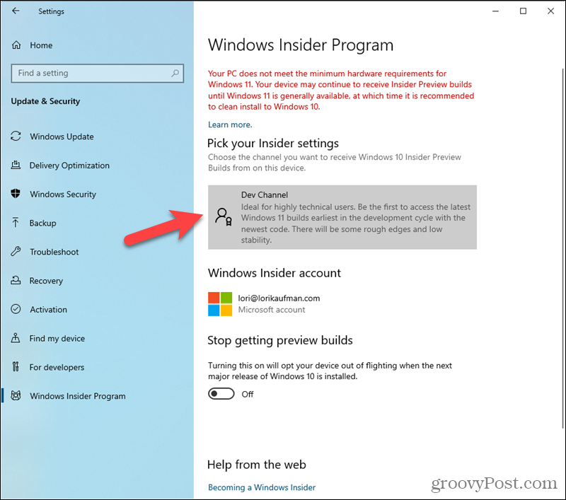 Arenduskanal on määratud Windows Insideri programmi sätetes